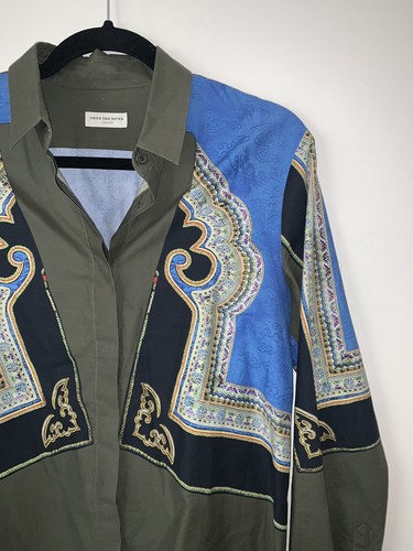 Dries Van Noten China Blue Khaki Green Geometric Ethnic Frame Print Shirt US 4 - Picture 4 of 7