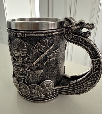 Viking Beer Stein Coffee Mug Resin Metal Look With Stainless Steel Insert 18oz