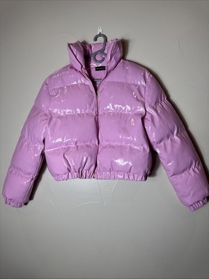 Pretty little thing women s pink puffer coat. Size 6.   High shine vinyl coat