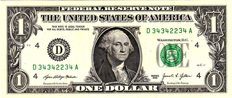 $1 2021 Fancy Serial  Uncirulated CU D34342234A  DOUBLES!!