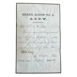 AOUW Brazil Indiana Lodge #5 Requested Funeral Appearance Invitation Sept 1900