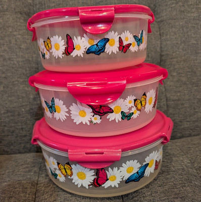 Lock & Lock 3pc Round Plastic Storage Containers Snap Lids Pink Floral 15.5c