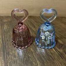 2 Fenton Glass Bells Heart Handles Vintage, Blue is Hand-Painted Floral Signed