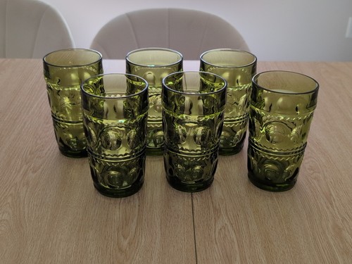 6 Vintage 1960er Indiana Glas Kings Crown Daumenabdruck Becher Avocado Grün 5,5"🥑
