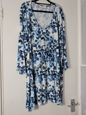 Kim And Co Sleeved Round Neck Dress Blue White Floral Print Size 3xl New