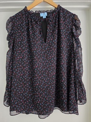CeCe Black Floral Sheer 3/4 Sleeve Business Casual Blouse Size Medium GUC