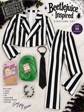 Beetlejuice Inspired Halloween Costume Women's M Striped Suit Wig 6 Piece Set