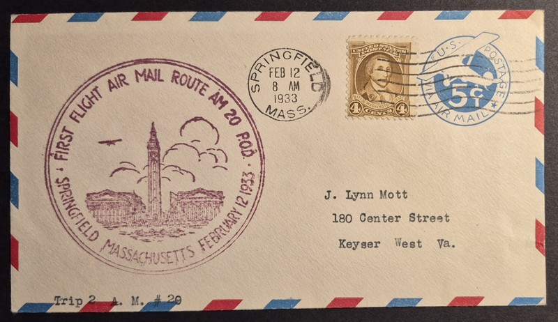 1933 First Flight Springfield MA Massachusetts Airmail CAM 20 Air Mail Cover