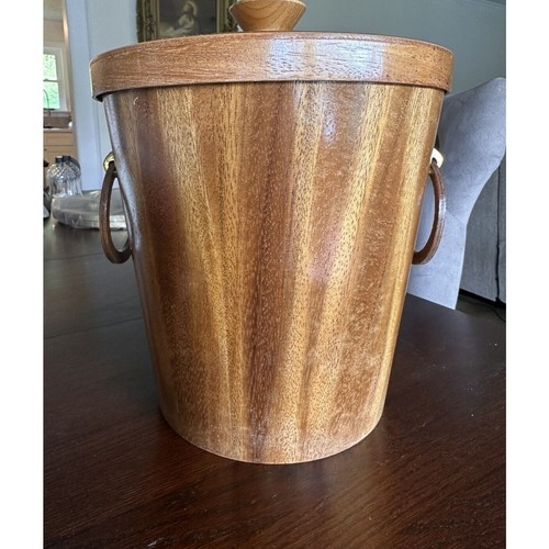 Vintage MCM KMC Teak Wood Ice Bucket W/ Brass Handles & Tongs Aluminum Lined 70s - Picture 11 of 11