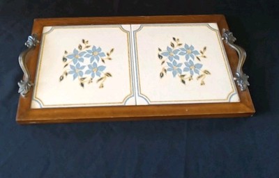 Vintage Wooden Serving Tray With Framed Ceramic Tiles and Handles BOHO Chic