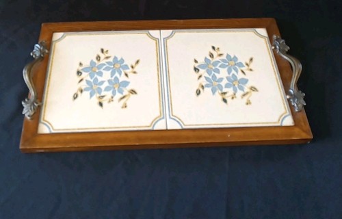 Vintage Wooden Serving Tray With Framed Ceramic Tiles and Handles BOHO Chic