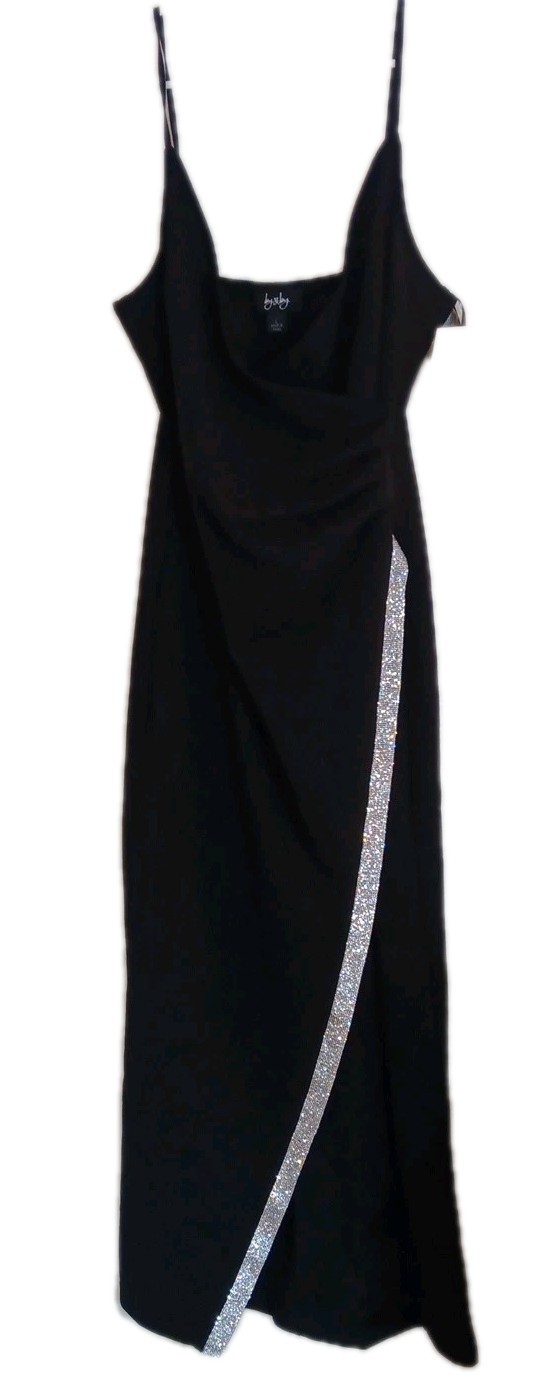 By & By Black Halter Top Rhinestone Slit Gown Size Large New