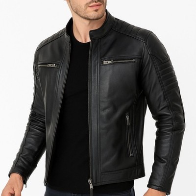 Men s Genuine Leather Jacket Biker Cafe Racer Moto Slim Fit Motorcycle Outerwear