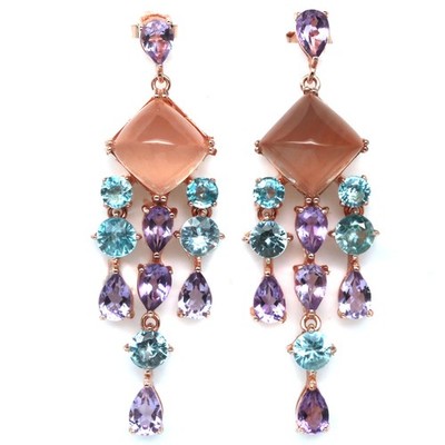 Thai Handmade 9 x 9 mm. Orange Agate, Amethyst & Topaz Earrings