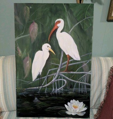 Vintage Original 24 X 36'' Florida Ibis Crane Bird Landscape Painting On Canvas
