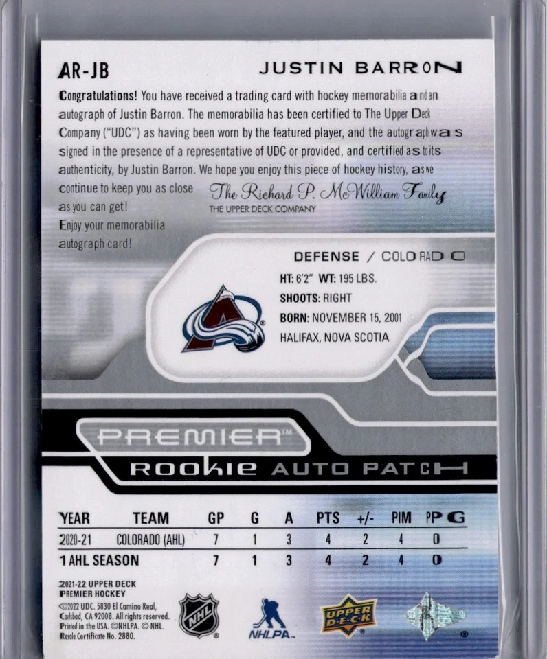 JUSTIN BARRON Premier Rookie Auto Patch /249 AR-JB 2021-22 Upper Deck Premier - Image 2 of 2