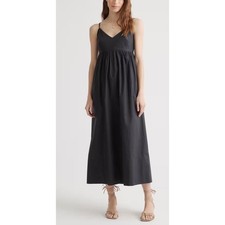 Quince Organic Cotton Maxi Dress Womens XS Black Smocked V-Neck Summer Casual