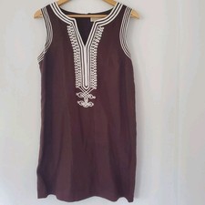 MICHAEL MICHAEL KORS 10 Brown Linen Sleeveless Shift Dress Cream Applique Design
