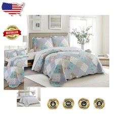 Queen Quilt Set Blue Green 3pc Rose Floral Patchwork Reversible Soft All Season