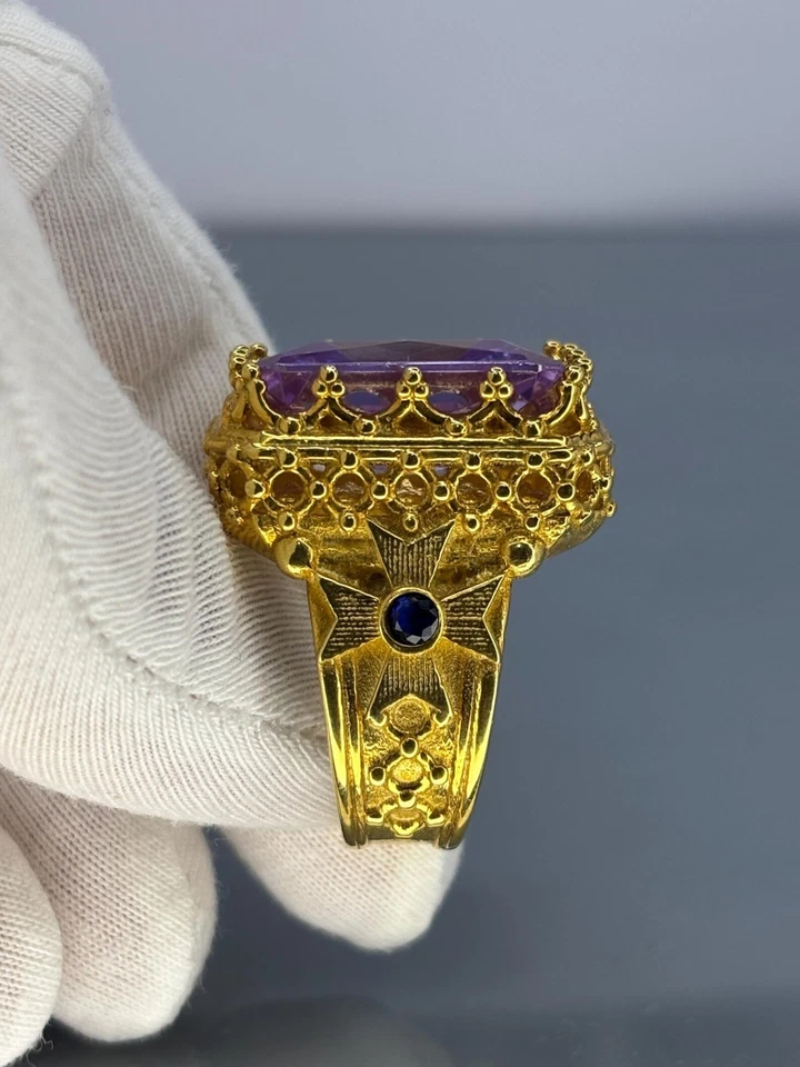 Anillo de amatista y zafiro de plata de ley 925 para hombre, púrpura cristiano real Foto 4 de 4