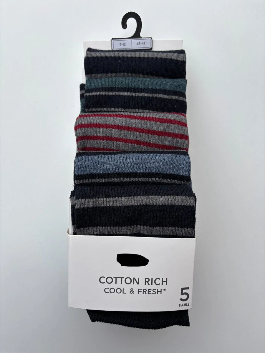 Marks & Spencer Men's 5 Pack Cotton Rich Reinforced Socks - Size 10-12, Black Mix, Striped