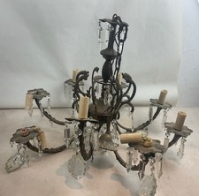 Ancien XXème très beau lustre 7 branches en laiton et bronze et pampilles 