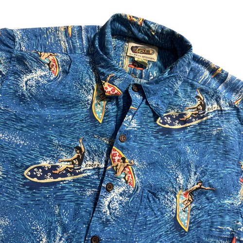Reyn Spooner, Vintage Reyn Spooner Art of Eddy Hawaiian Shirt Blue Surfboard Surfer Mens M