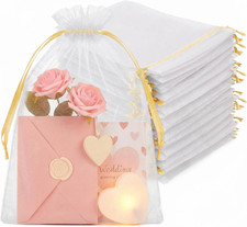 50PCS Organza Bags 8X12 Large Gift Bags White Mesh Bag Gold Drawstring, Goodie B