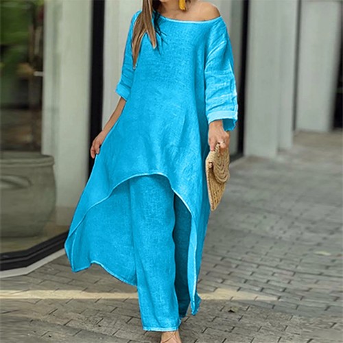 Conjunto informal grande para mujer manga 3/4 moda dobladillo irregular traje pierna ancha largo - Imagen 27 de 28