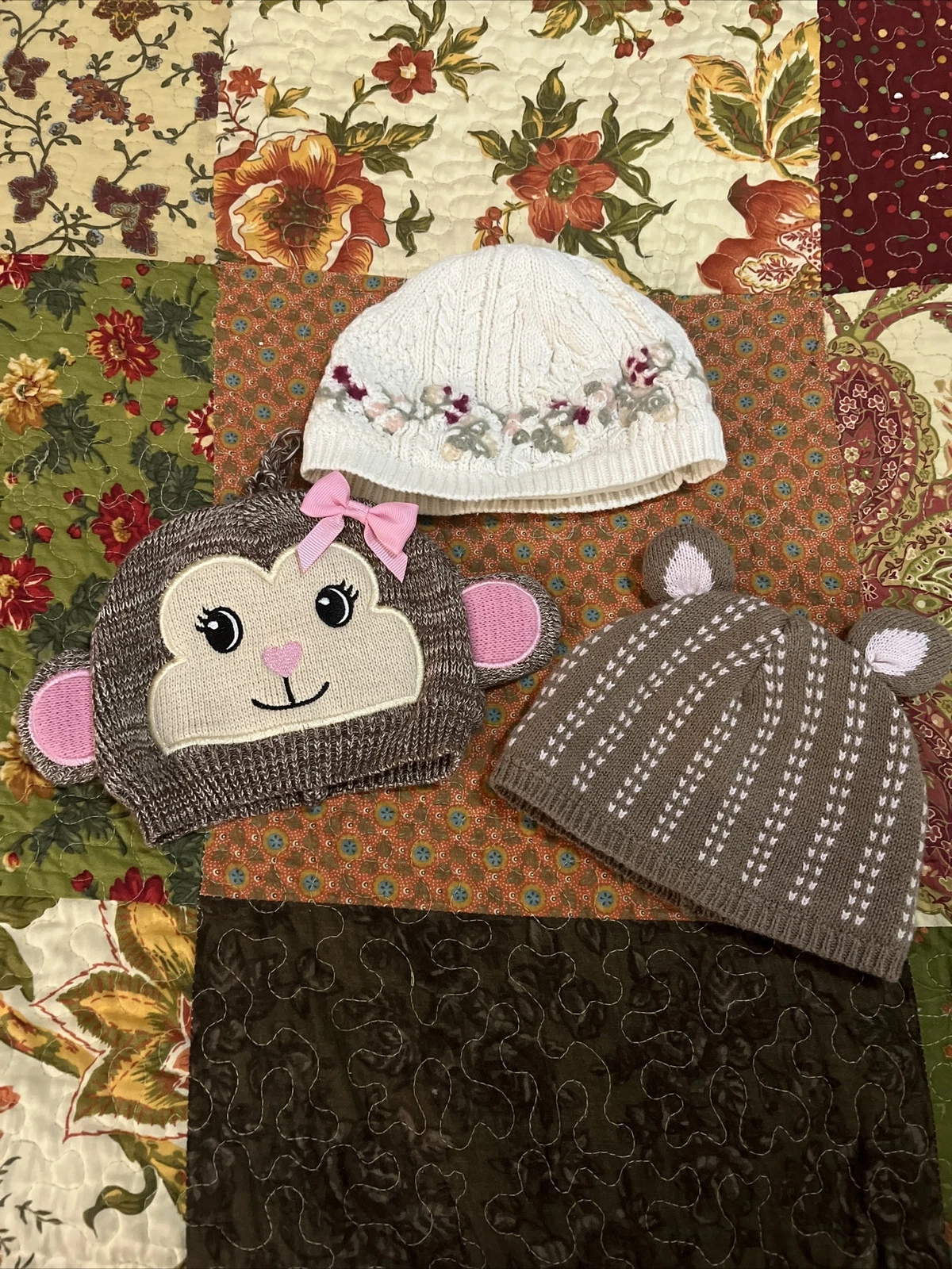 Baby girl beanie Hats ,12 months , monkey , floral embroidery , Lot Of 3