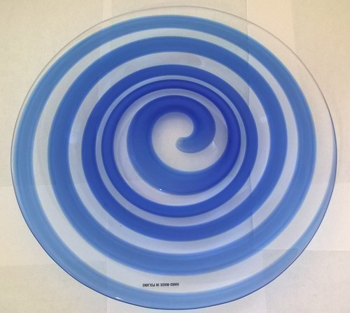 Poland Hand Blown Art Glass Thick Platter Plate Bowl 12" Blue Clear Spiral NICE! - Picture 6 of 17