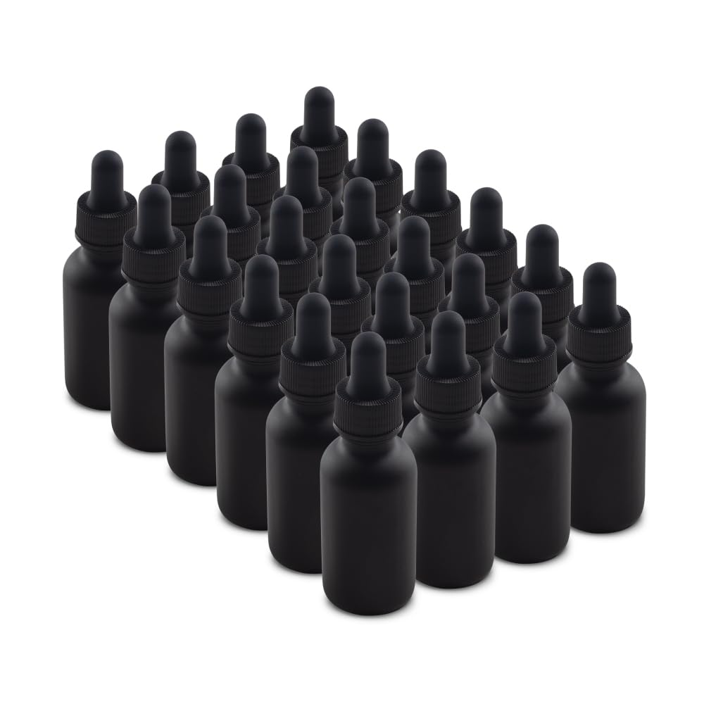 - 24 Pack - 1 Oz Glass Bottle with Dropper - Black Frosted - 20-400 Neck Finish
