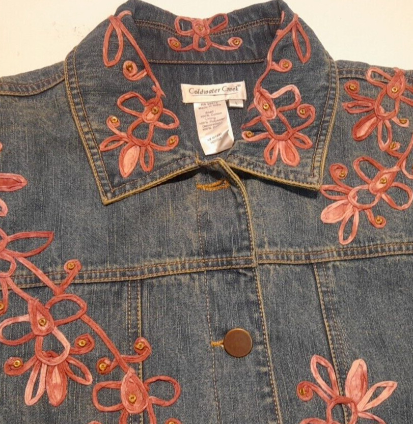 Denim Jacket L Lined Embellished Floral Trim Women Vtg Y2K Boho Coldwater Creek-image