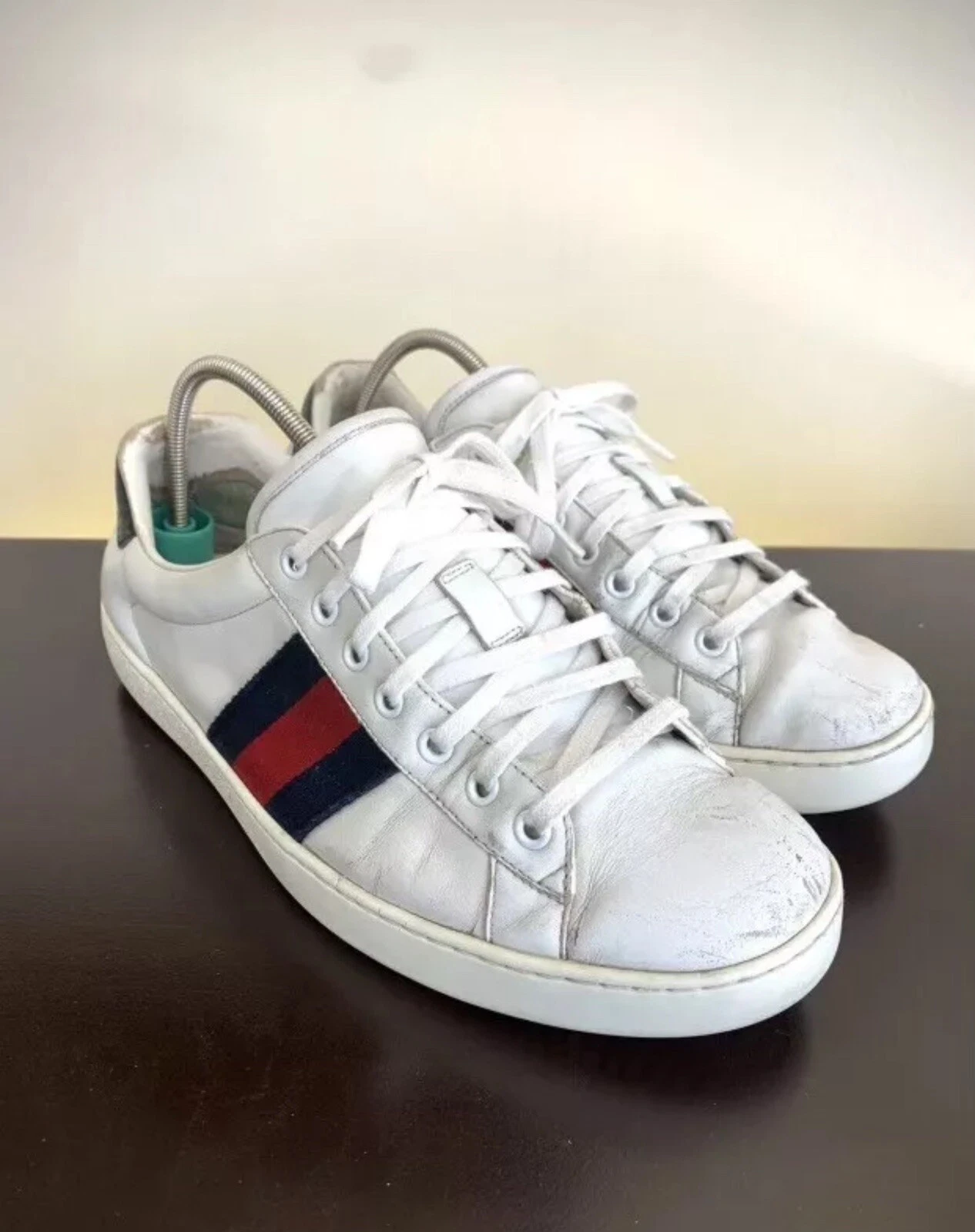 Gucci 386750 Baskets Homme Cuir Blanc Toile Rouge Vert Taille US 8,5    UK 8