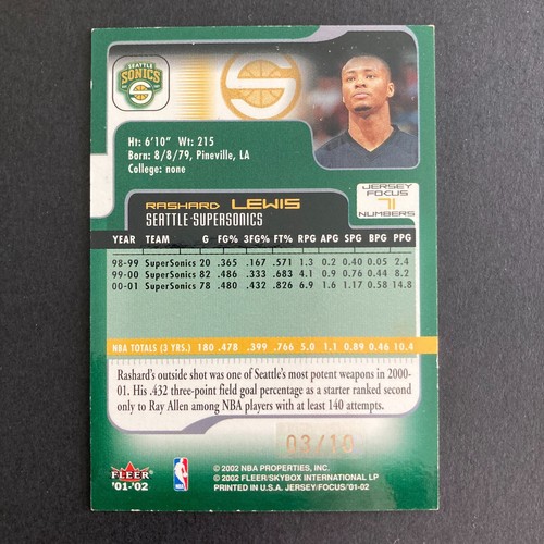 Rashard Lewis 2001-02 Fleer Focus Jersey Edition Numbers /10 Card #71 Sonics Vtg - Picture 4 of 7