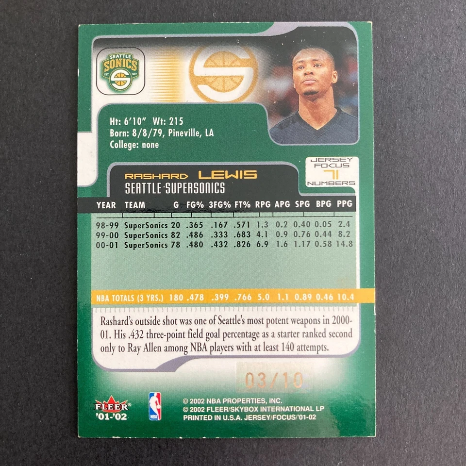Rashard Lewis 2001-02 Fleer Focus Jersey Edition Numbers /10 Card #71 Sonics Vtg - Image 4 of 4