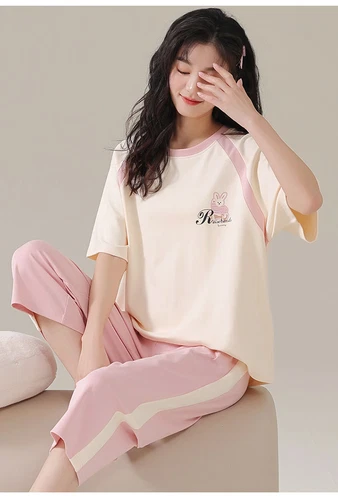 Women Capri Pajama Set 100% Cotton Short Sleeve Top+Pants Sleepwear Homewear - Bild 19 von 21