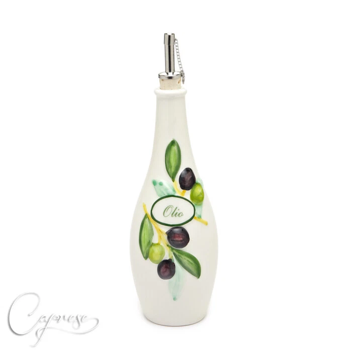 Bassano Ceramic Hand-Painted Oil Bottle 27 Cm 0.5 L Olive Design From Italy New
