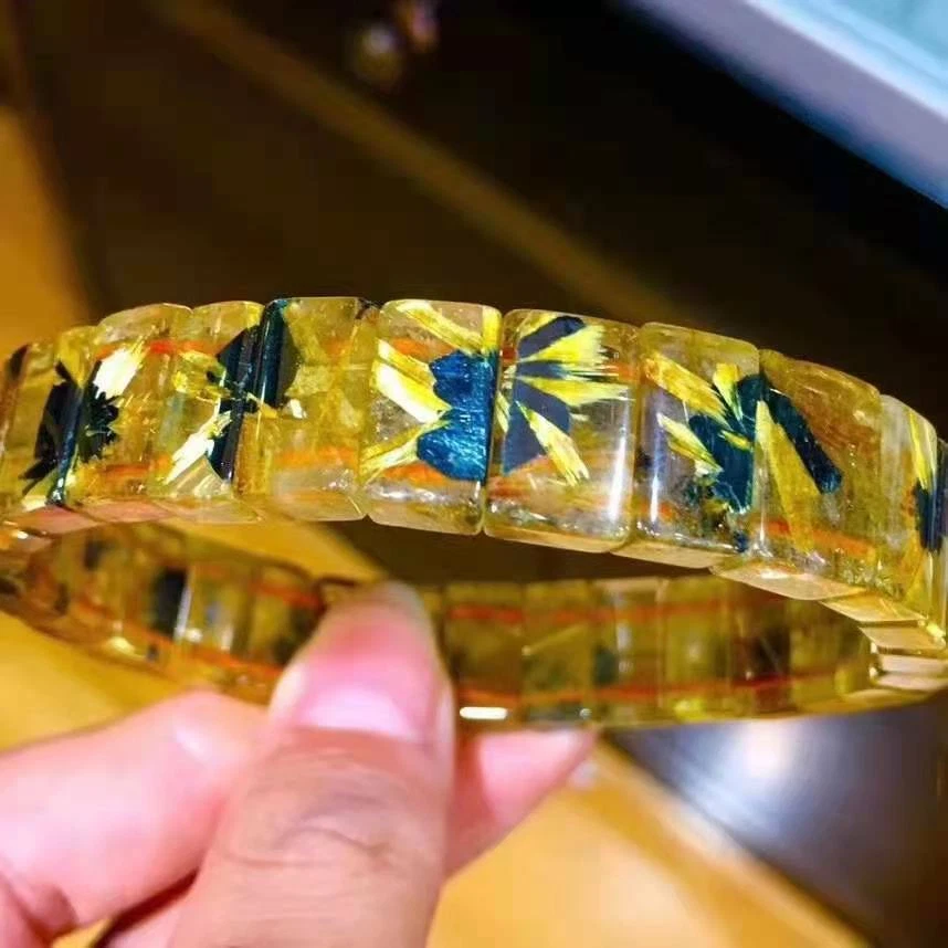 NaturalGold RutilatedQuartzGemstone Crystal Rectangle Bead Bangle Bracelet AAAAA - Image 3 of 4