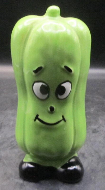 Vintage Anthropomorphic Gourd Green Bell Pepper Head Salt & Pepper Shaker