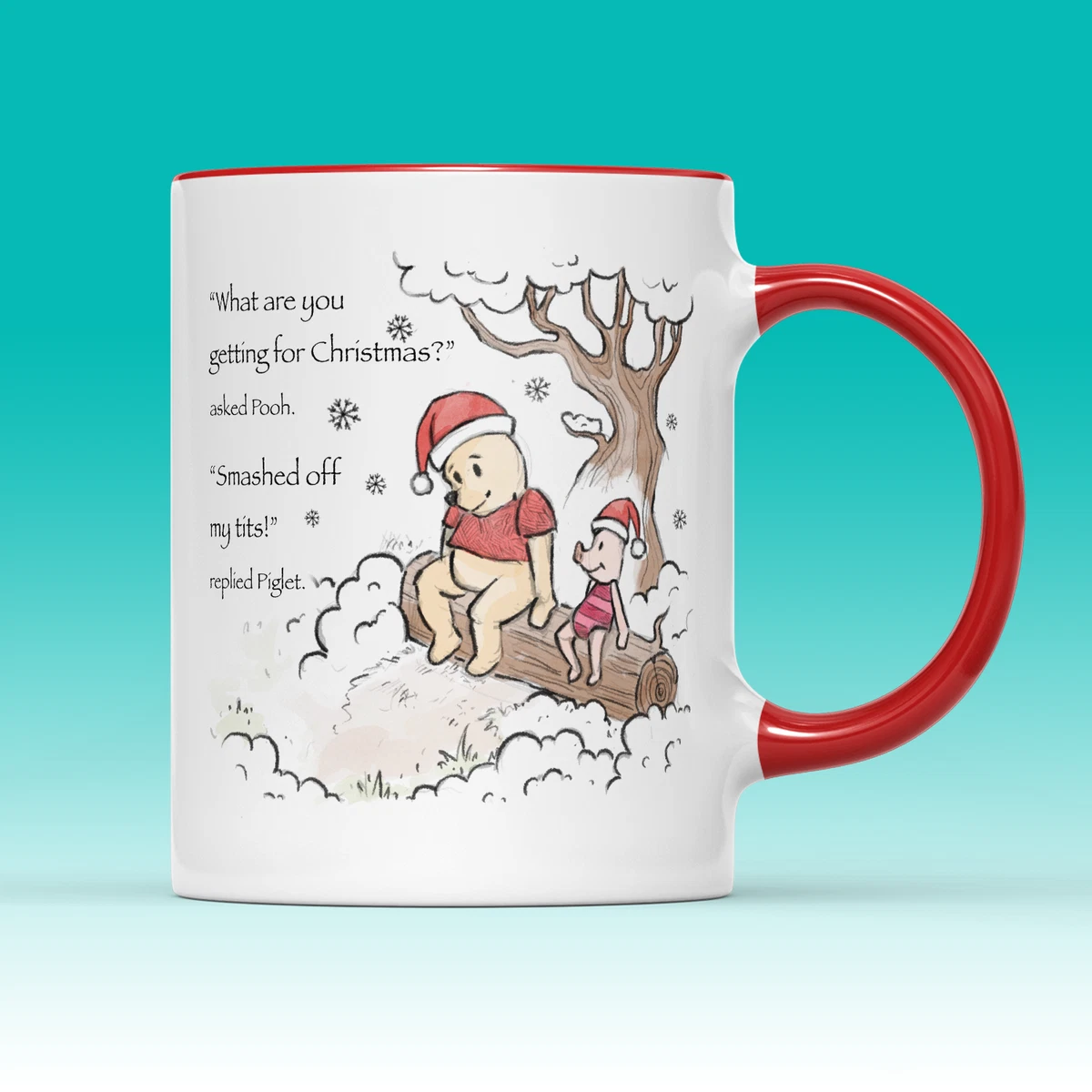 Rude Christmas Hats Winnie The Pooh Piglet Mug WATERCOLOUR