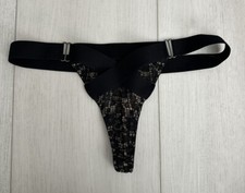 NWT Victoria's Secret Thong Panties Sz S Black Lace Nude Lining Mesh Strappy