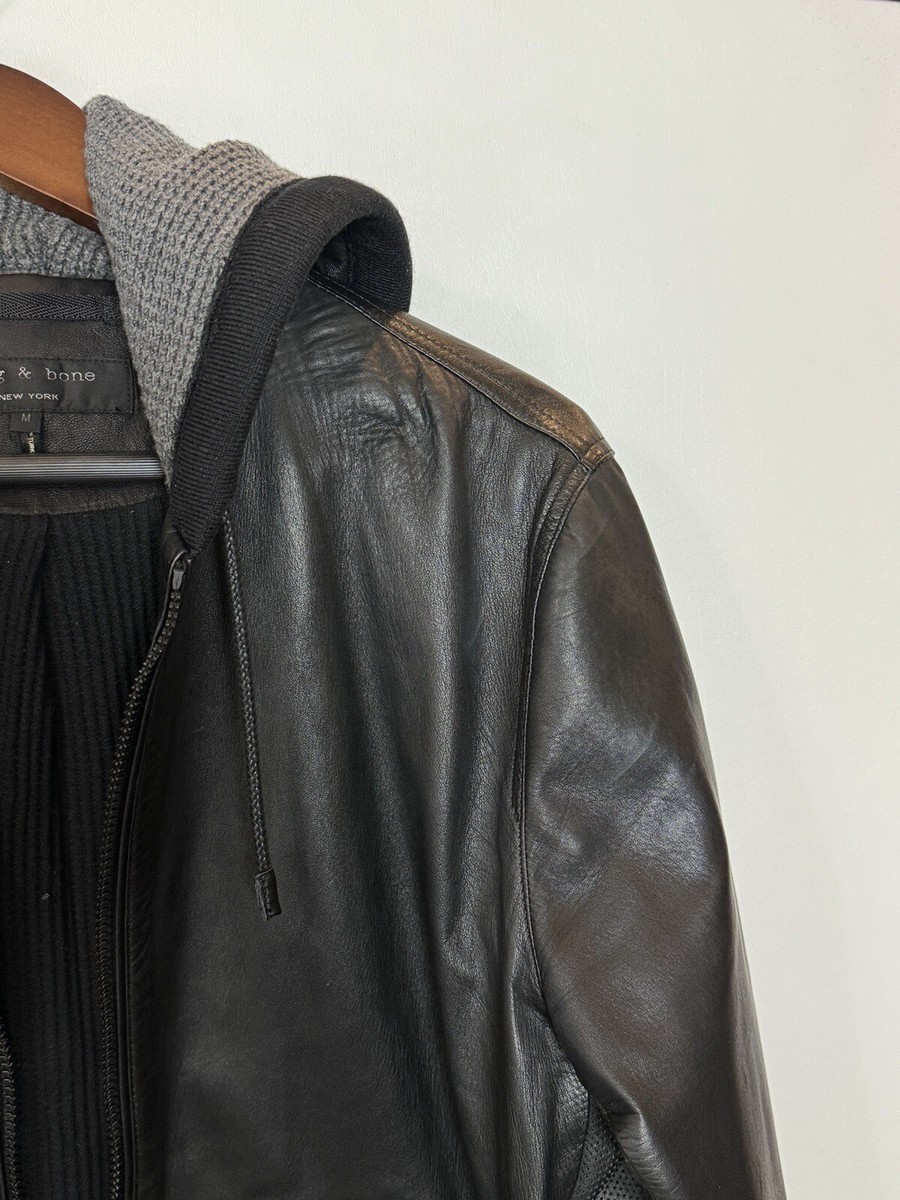 316 Rag & Bone Men's Hooded Lamb Leather Jacket Size M BLACK 316 Rag & Bone Men's Hooded Lamb Leather Jacket Size M BLACK
