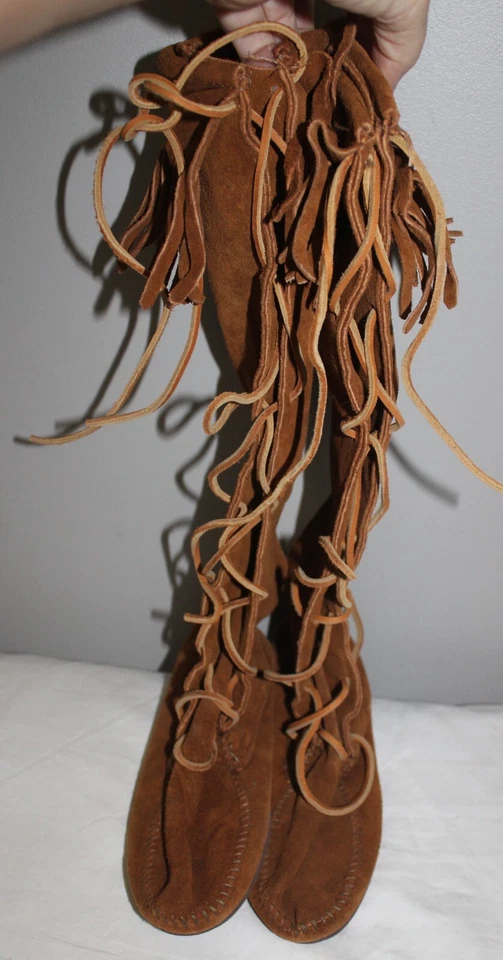 MOCASINES DE MUJER VINTAGE HECHOS A MANO EN EE. UU. GAMUZA CUERO CRUDO CON CORREAS TALLA 7 Foto 3 de 4