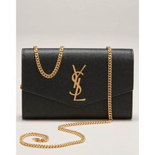 YSL Yves Saint Laurent Black Grain Leather Wallet-on-Chain with Gold Logo