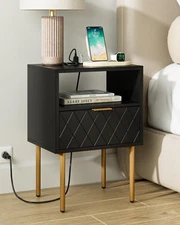 Nightstand,Small Bedside Table with Gold Frame,Morden Night Stand with 1Drawe...