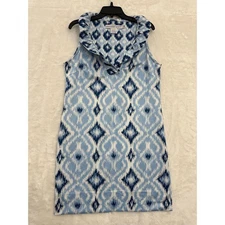 Gretchen Scott Blue Ikat Ruffle Neck Dress L Coastal Beachy