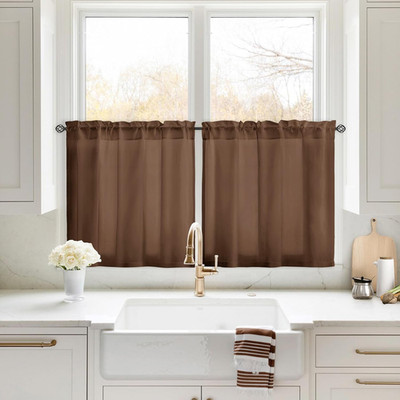 Non-See-Through Brown Privacy Sheer Kitchen Curtains, 30 X 24 Inches Long 2 Pane