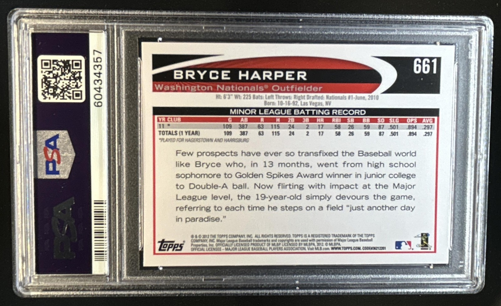 2012 Topps Bryce Harper RC Rookie SP VAR #661b Nationals PSA 10 GEM MINT view 2