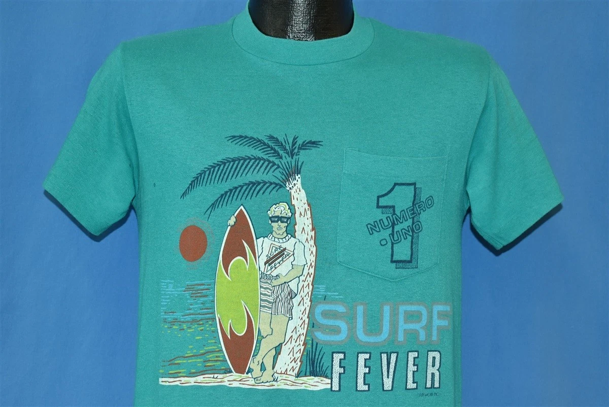 vtg 80s SURF FEVER NUMERO ONE SUNSET PALM TREE BEACH POCKET FUNWEAR t-shirt S